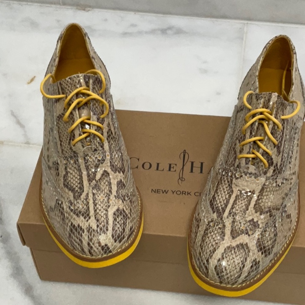 Cole Haan Women's Snake Print Leather Oxfords with Yellow Trim